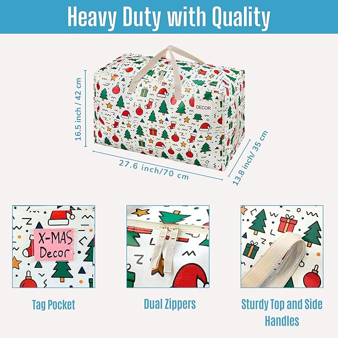 VENO 4 Pack Moving Bags and Large Christmas Decoration Storage Bins with lids. Alternative to Moving Boxes, Packing Supplies for College. Heavy Duty Totes (Jingle Mix, 4 Pack)