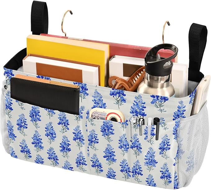 Watercolor Bluebonnets Bedside Caddy for Dorm Bed Bedside Hanging Caddy Bag Iron Frame Storage Organizer Pocket for Bunk Home College Hospital Beds 2 Hooks