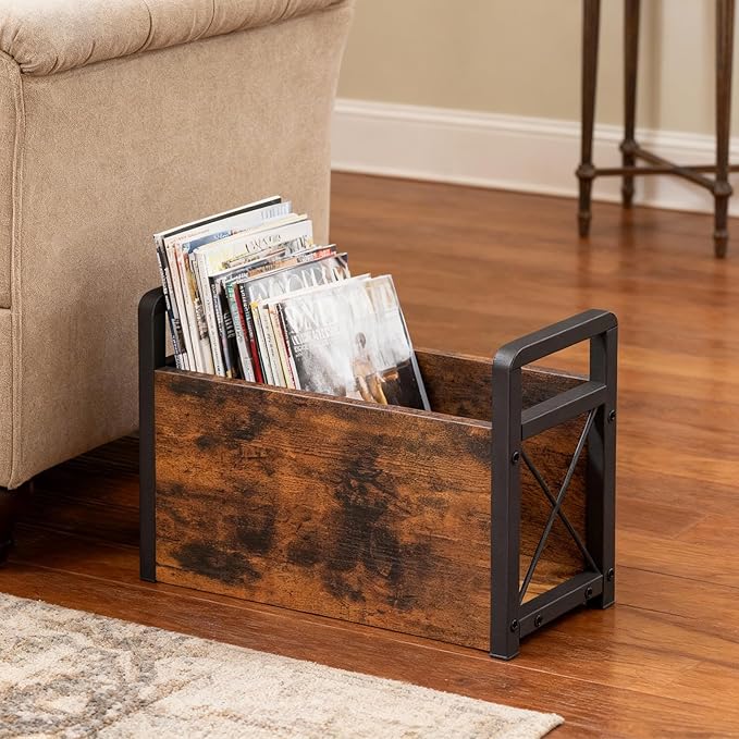 Magazine Holder, Magazine Rack Floor, Magazine Storage Basket, Magazine Rack for Desktop Home Office, Wooden Mail Organizer for Books, Newspapers, Mails, Rustic Brown and Black MR01BR
