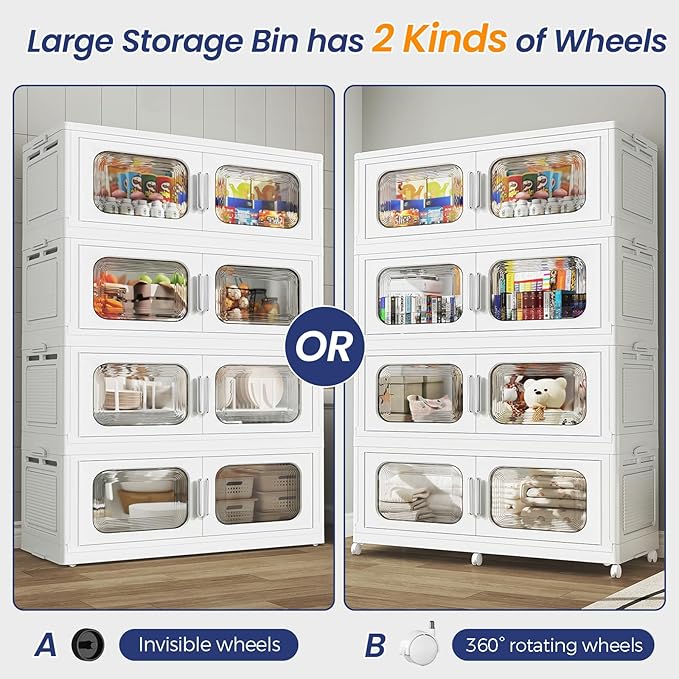 150 Gallon Extra Large Storage Bin with Lid and Wheels, Stackable Collapsible Plastic Storage Box with Door, Foldable Organizer for Closet, Kitchen, Office, Living Room, 3 Pack White