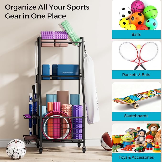 Sports Equipment & Toy Storage Rack with Wheels, 3-Tier Ball Organizer for Balls, Rackets & Sports Gear, Large Capacity with Racket Slots & Hooks, for Garage, Home Gym or Backyard – 17" W