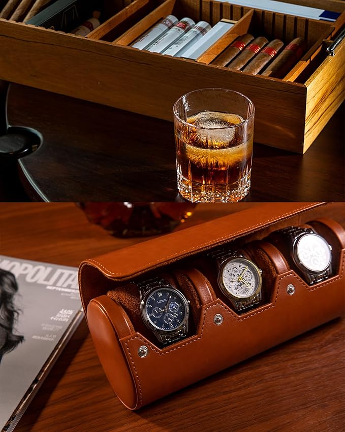 MR.OKAY 3 Watch Travel Case- Classic Leather Watch Case With Perfect Texture.Portable Watch Roll Or Organizer For Storage And Display. Luxury Gifts For Men, All Handmade by Artisans.