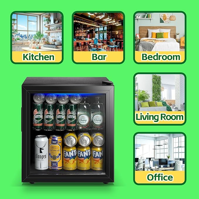 WANAI Beverage Refrigerator Cooler 1.6 Cu.Ft Freestanding Beer Fridge with Glass Door LED Light and Adjustable Shelf for Soda or Wine, Perfect for Home Bar Office