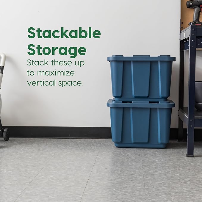 IRIS USA 12 Gallon Eco-Friendly Heavy Duty Truck Bed Toolbox Storage Tote Bins with Lids, 4 Pack - Made in USA, Tough Snap On Lockable Lid Stackable Industrial Rugged Tubs, Garage Organization - Navy