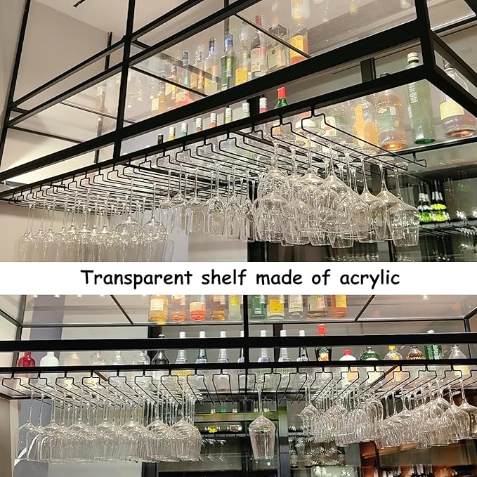 59IN Acrylic Ceiling Wine Glass Rack with Transparent Shelves, Hanging Wine Rack with Glass Holder and LED Lights, 2 Layer Ceiling Bottle Holder Shelf for Bar Kitchen Decorate (59in/150cm)