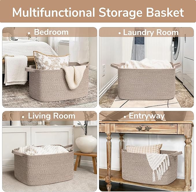Goodpick Large Woven Storage Basket, 21.6" x 14.9" x 11.8" Blanket Basket for Living Room, Bedroom, Rectangle Rope Storage Organizer for Clothes, Toys, Brown