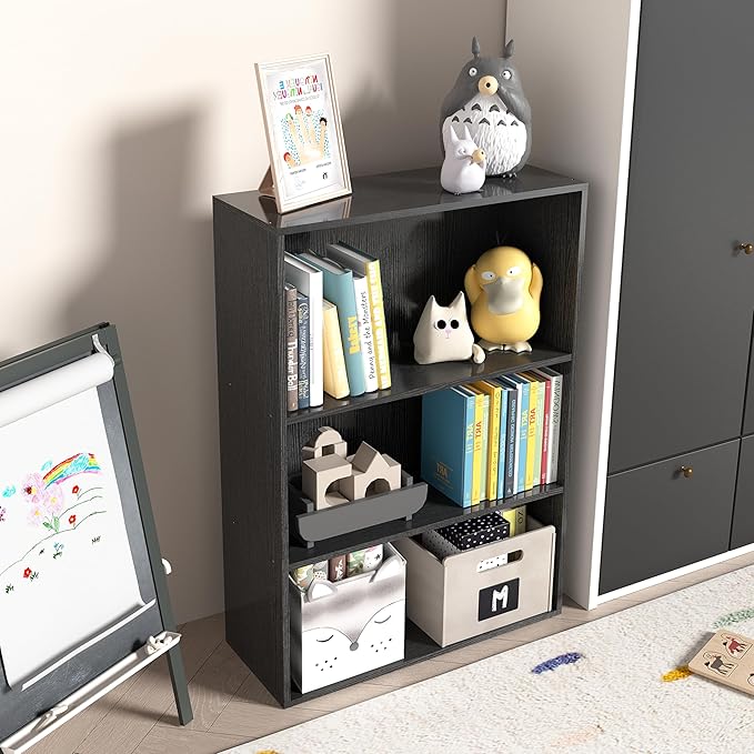 Wooden 3 Cube Storage Organizer,3 Tier Low Bookcase Storage Display Organizer, 33 Inch Versatile Cubes Shelf and Cubby Unit for Any Space (Black, 3 Cube-W(23.6inch)
