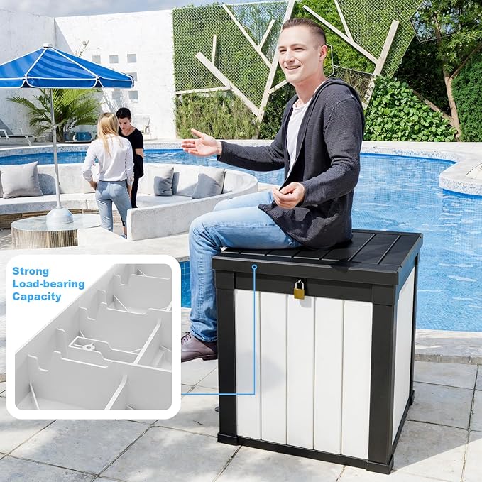 50 Gallon Deck Box,Resin Outdoor Storage Box with Lockable for Patio Furniture, Pool Accessories, Garden Tools, Waterproof Outside Storage Box, Black&White