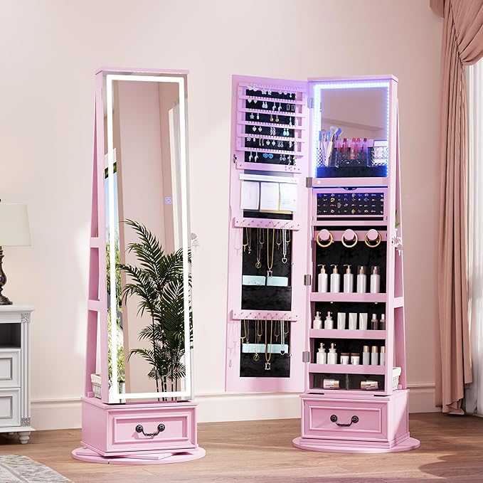 LVSOMT LED Mirror Jewelry Cabinet Standing, 360°Swivel Jewelry Armoire with Full Length Mirror, Mirror with Jewelry Storage and Large Wooden Drawer for Christmas Gifts (Pink)
