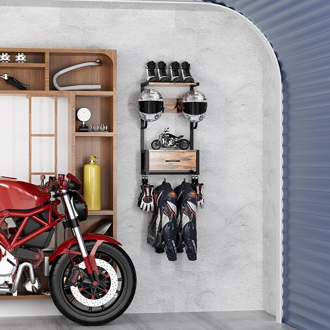 Motorcycle Helmet Holder Wall Mounted, Helmet Holder Wall Mount with Helmets Rack and Hooks for for 6 Helmets, Riding Suits & Accessories, Sturdy Construction Storage Organizer for Entryway or Garage