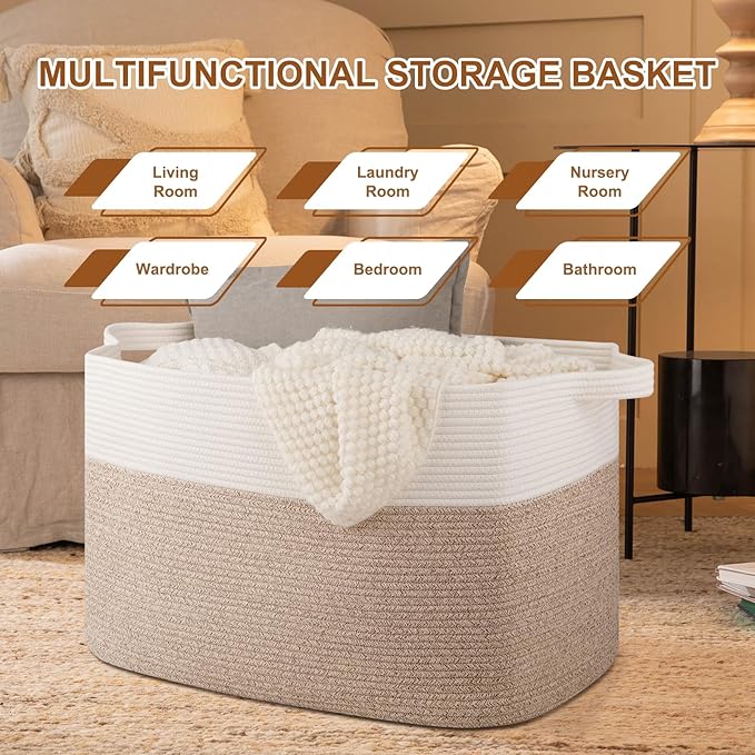 XXXL Supre Large Blanket Basket for Clothes, Towels, Pillows, 108L Cotton Rope Storage Basket for Living Room, Woven Toy Storage for Kids, 25" x 16" x 16", Brown and White