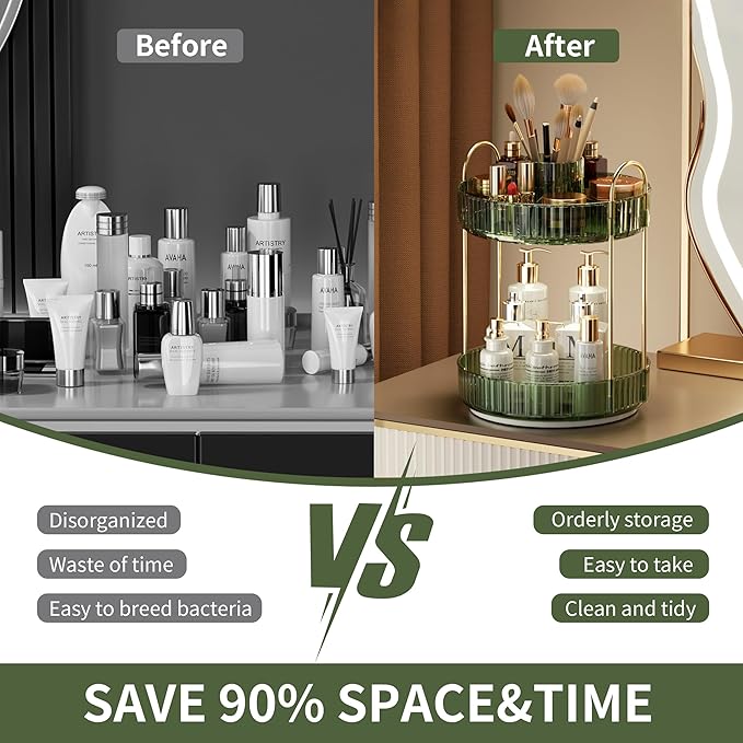 YCIA&DONE Rotating Makeup Organizer for Vanity, Large Capacity Make Up Storage Skin Care Shelf Perfume Holders Cosmetic Dresser Organizer Countertop Spinning 360 (Vintage Green, 3Tiers)