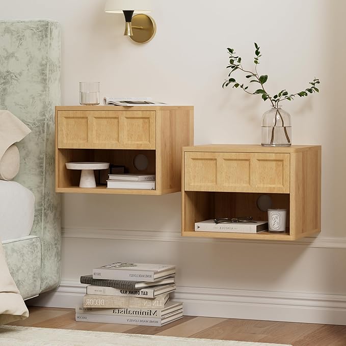 Farmhouse Floating nightstands Set of 4, Small Wall Mounted Storage Cabinet with Drawer Open Shelf, Wood Bedside End Table for Bedroom, Living Room, Natural Oak