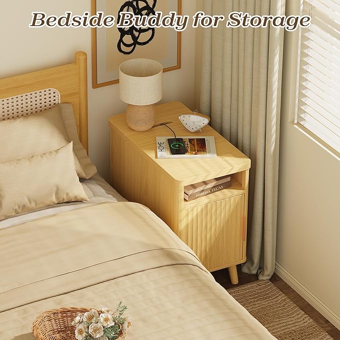 Huuger Narrow Nightstand with Charging Station, USB-C Port, Set of 2 Night Stand, Fluted End Table with Storage Cabinet, Back Rack, Side Table for Small Spaces, 13.4×23.6 Inch, Natural