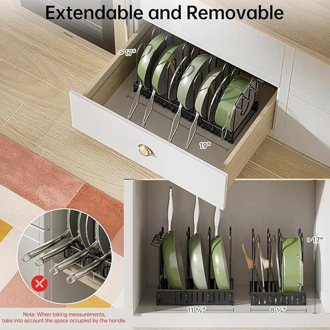 MUDEELA Pots and Pans Organizer Rack for under Cabinet, 8-Tiers Adjustable Pot Rack with 3 DIY Methods, Expandable 11.65'' to 19" Pot Lid Organizer for Kitchen Pantry Cabinet Organization and Storage