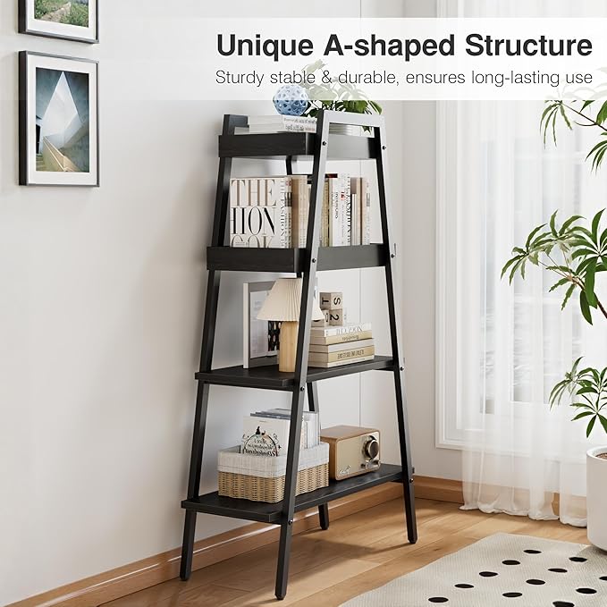 VECELO Ladder Shelf, 4-Tier Bookshelf with Enclosed Edges Design, Wooden Storage Rack Freestanding Bookcase for Living Room Home Office, Black