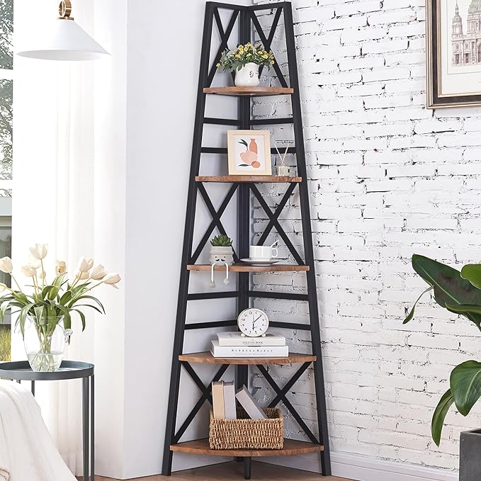HOMBAZAAR 72 Inch Tall Corner Shelf, 5 Tier Corner Ladder Bookshelf, Tall Corner Bookcase with Metal Frame, Rustic Shelf Stand for Living Room, Bedroom, Office, Rustic Brown