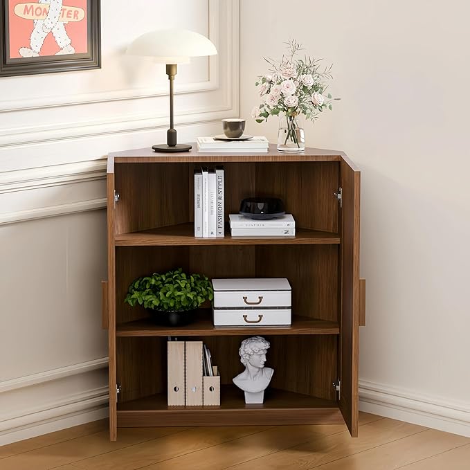Casaphoria Farmhouse Corner Cabinet, Wooden Corner Storage Cabinet with Adjustable Shelves, Narrow Storage Organizer for Small Space, 36" H x 31" W x 16" D, 51Lb, Walnut