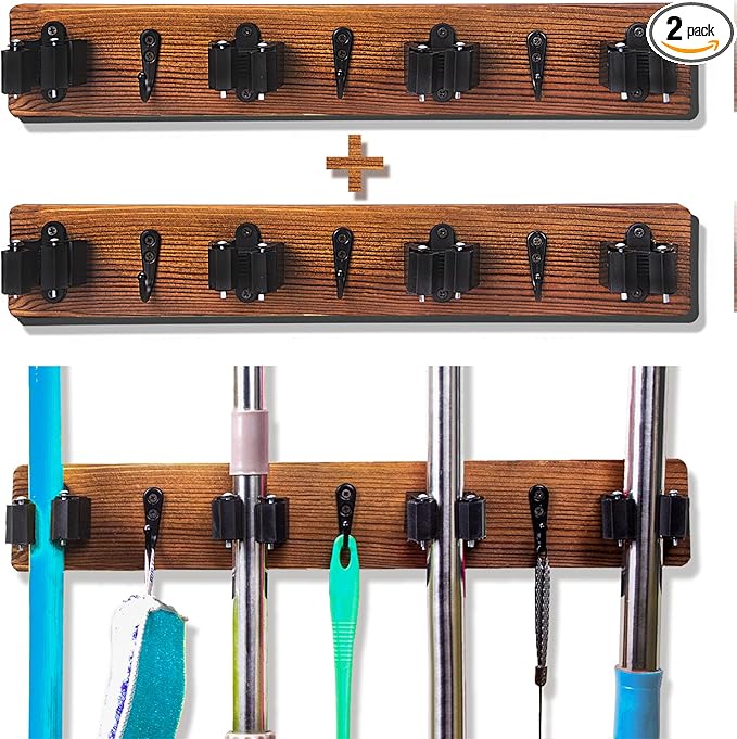2 Pack Mop and Broom Holder Wall Mount Solid Wood Broom Rack Wall Mount 4 Positions 3 Hooks for Home, Kitchen, Garden, Tools, Garage Organizing, Cleaning Supplies Organizer Indoor Outdoor