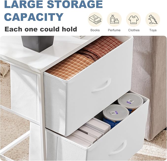 DUMOS Nightstand Small Dresser with 2 Fabric Drawers Side Tables Bedroom End Table Kids Bedside Storage Furniture for 20 inch Tall Night Stand for Closet, Entryway, College Dorm, White