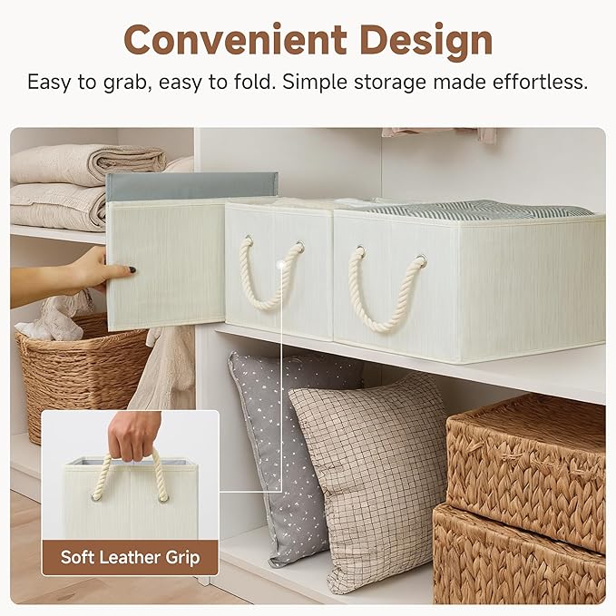 StorageWorks Storage Baskets for Shelves, Foldable Fabric Closet Storage Bins with Handles, Fabric Storage Bins Clothes Organizer, Beige, White & Ivory, 3-Pack, Large