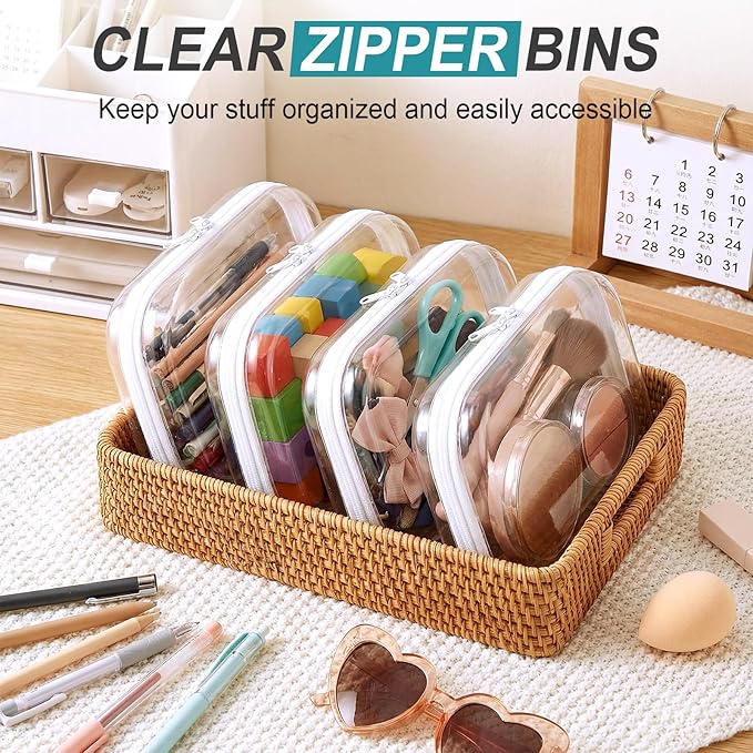 Hoolerry 4 Pcs Hard Clear Zipper Case Makeup Bags Plastic Pencil Pouch Transparent Storage Box Containers for Cosmetics, Snacks, Building Blocks, Puzzles (White,7.9 x 5.9 x 2 in)