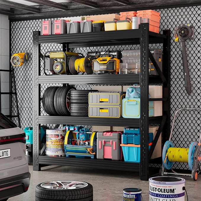 5000LBS Storage Shelves, 59" W Garage Shelving Heavy Duty Adjustable Shelving Units, 4 Tier Metal Garage Shelves Industrial Shelving for Garage, Warehouses, Basement, Black