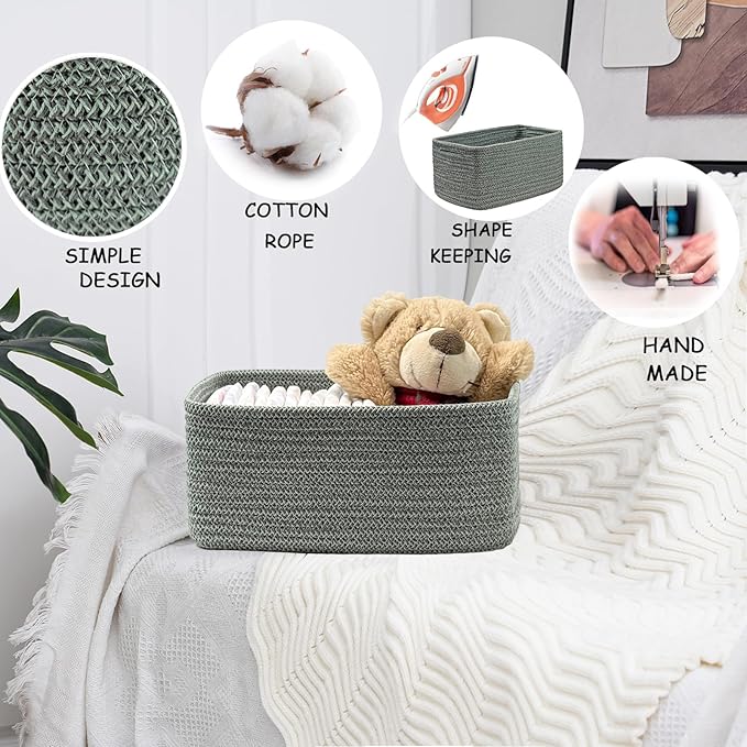 COMFY-HOMI 13" x 8.5" x 5.1" Storage Baskets for Organizing | Cotton Rope Woven Basket | Toy Storage Bin Box | Basket for Shelves, Closet Organizer Bin, Decorative Closet Shelf, 1 Pack, green