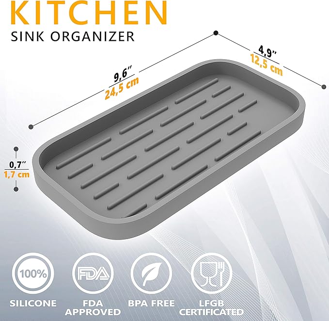 ZAPPOWARE Kitchen Sink Organizer | Silicone Sponge Holder - Storage Tray for Dish Sponge, Soap Dispenser, Scrubber 9.6"x 4.9" (Gray)