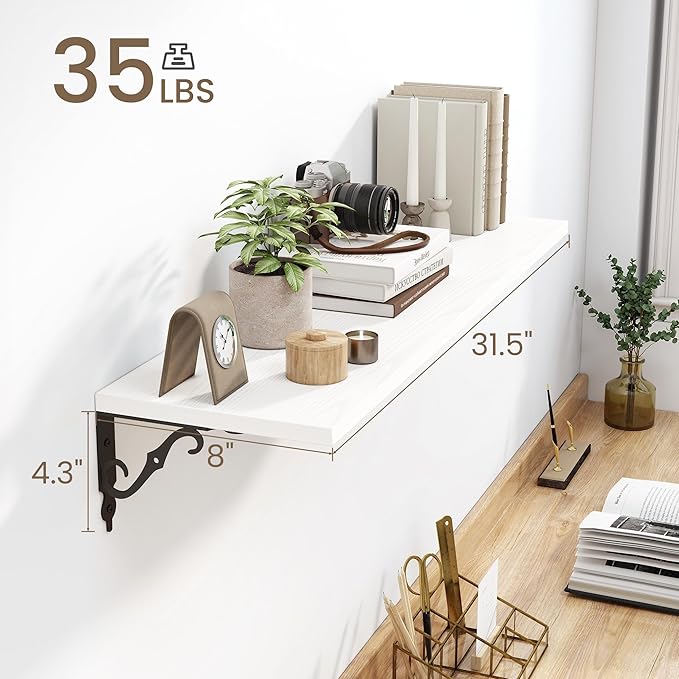 White Floating Shelves for Wall, 32"W x 8"D Wall Shelves, 8 Inch Deep Floating Shelf with Bracket, 32 Inch Floating shelves Set of 2, Rustic Shelves for Living Room, Bathroom and Kitchen, White