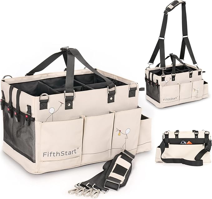 FifthStart Multiuse Cleaning Caddy - Adjustable Straps & Caddy Organizer with Handle - Mesh Base & 9 Pockets Organizer Bag - 5 Dividers & Washable Fabric Cleaning Tote (beige, XL)