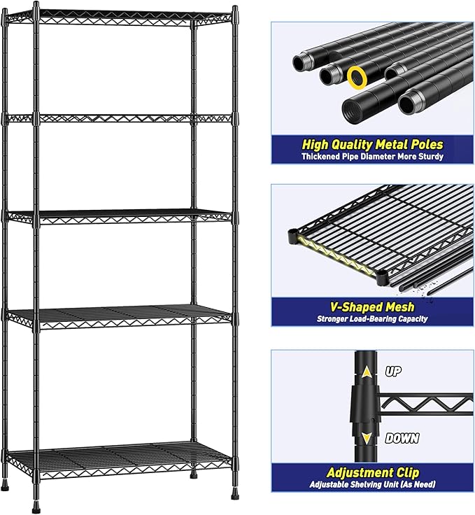 59.4" H x 21.5" W x13.6 D 5-Tier Storage Shelves 1010LBS Wire Shelving Adjustable Metal Shelving Unit Pantry Shelves Sturdy Steel Commercial Shelf for Kitchen Pantry Closet Laundry School
