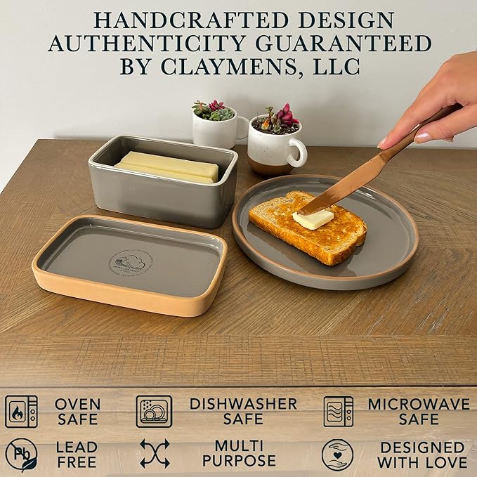 Mora Ceramic Two-in-One Butter Dish with Lid, Covered Butter Crock Container to Leave on Countertop - Large Storage Keeper/Holder for Kitchen, Gifts for Her, Butter Tray For Counter - Sesame Milk