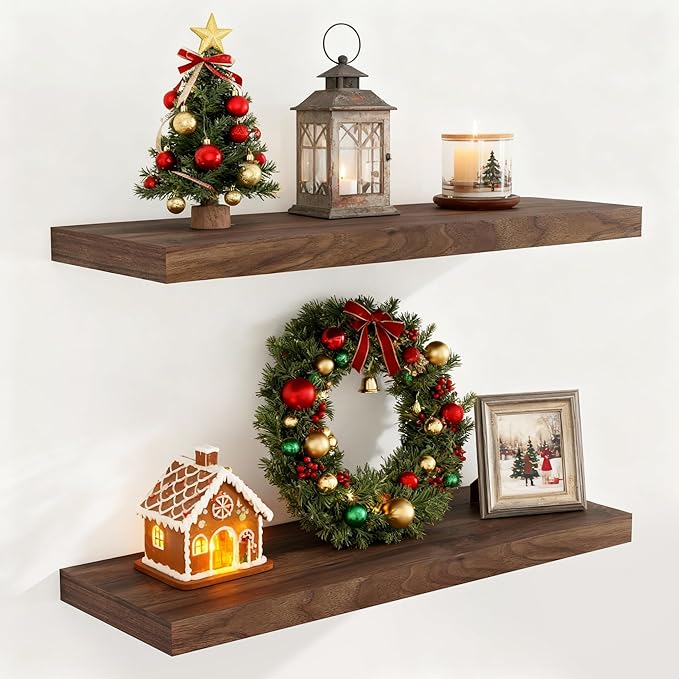 32 Inch Floating Shelves for Wall Set of 2, Rustic Wood Wall Mounted Floating Shelf for Bathroom, Bedroom, Kitchen, 9.3 Inch Deep Shelves Invisible Brackets for Books|Storage|Decor, Walnut