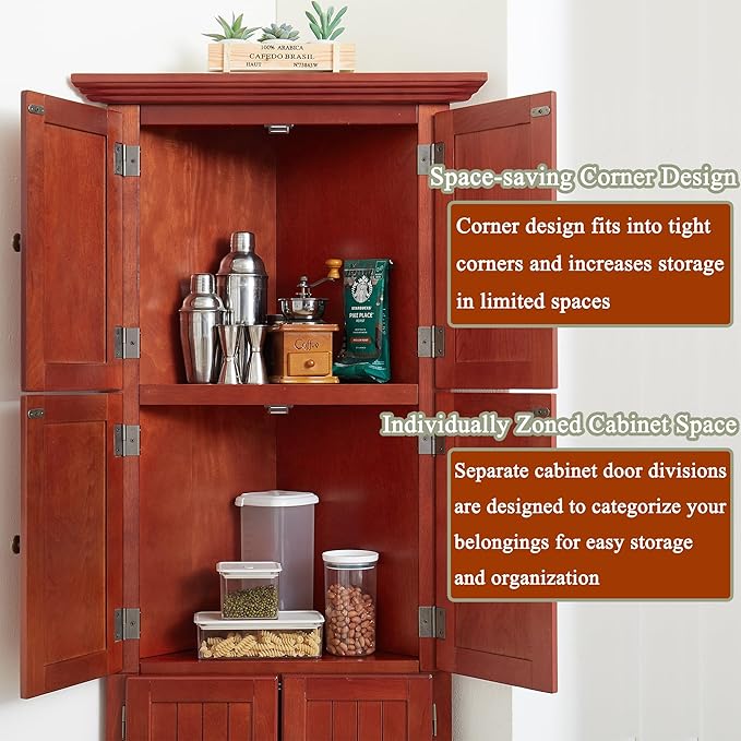 72" H Farmhouse Corner Storage Cabinet with 8 Doors & 4 Shelves, 4 Tier Kitchen Corner Pantry Cabinet Wooden Organizer Case Bookshelf, Home Space Saver Cabinet for Kitchen,Living Room(Cherry)
