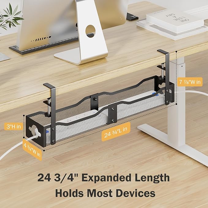 DELAMU 25'' Extended Under Desk Cable Management, No Dill Desk Cable Management with F-Clamp, Metal Cable Management Tray to Cord Organizer for Home Office, 1 Pack, Black