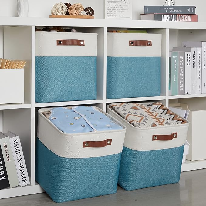 HNZIGE Cube Storage Basket(4 Pack) Collapsible Baskets for Shelves,Dog Toys,Book,12x12 Fabric Storage Cube Bins Set for Room,Office,Closet(White&Teal)