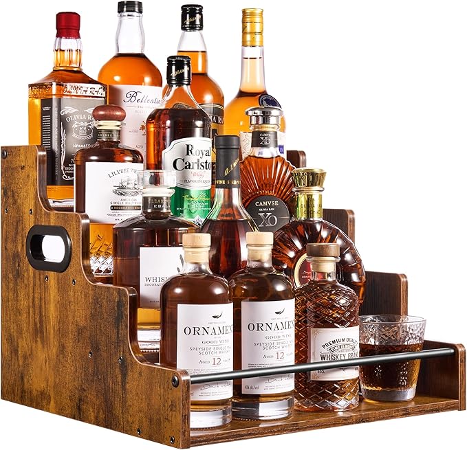 4-Tier Liquor Bottle Display Shelf, Coffee Syrup Rack Organizer, Water Bottle Organizer, Mini Bar Cabinet, Rustic Bar Shelves for Liquor Whiskey, Spirits