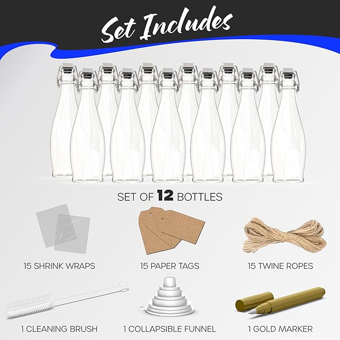 Nevlers 17 Oz Teardrop Flip Top Glass Bottle 12 Pack | Swing Top Glass Bottles with Airtight Lid, Brush, Funnel, Shrink Wrap, Tags & Marker | Beer Bottles For Home Brewing | Oil Bottle | Kombucha Jar