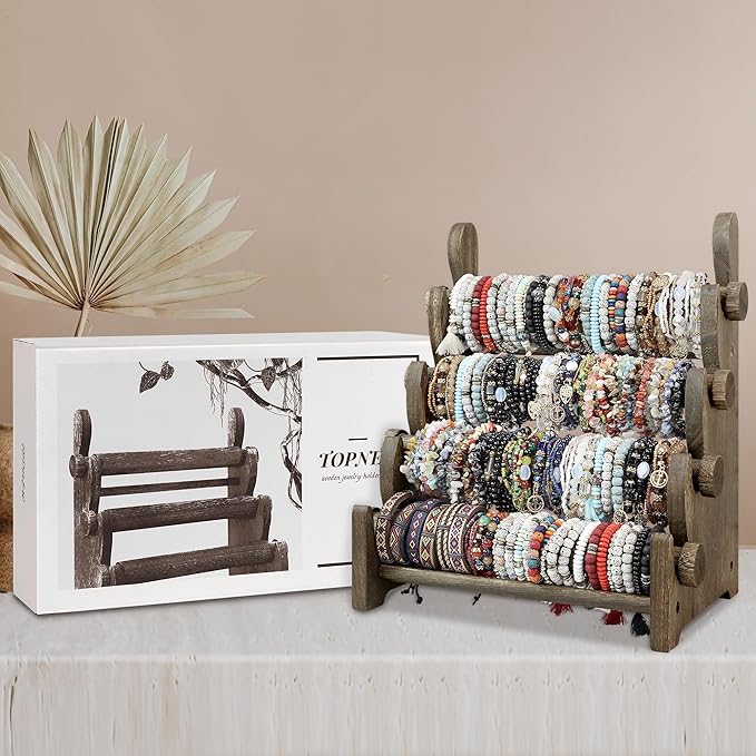 TOPNEW 4 Tier Wooden Bracelet Holder, Scrunchie Bangle Watch Necklace Display Storage Jewelry Holder Stand Display Organizer, Brown