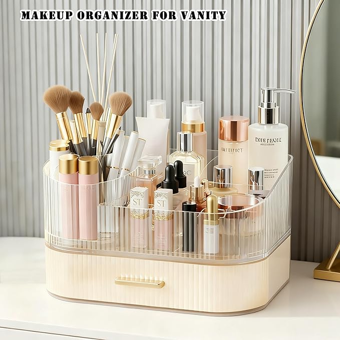 Makeup Organizer for Vanity with Stackable Drawers, 360 Rotating Makeup Brush Holder Large Cosmetic Display Case for Dresser, Bathroom Countertop Skincare Organizers and Storage