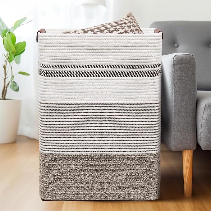 DOFASAYI Laundry Basket - 85L Large Cotton Rope Blanket Basket with Leather Handles, Decorative Storage Hamper, Clothes Hamper for Living Room, Bedroom, Rice Brown & White