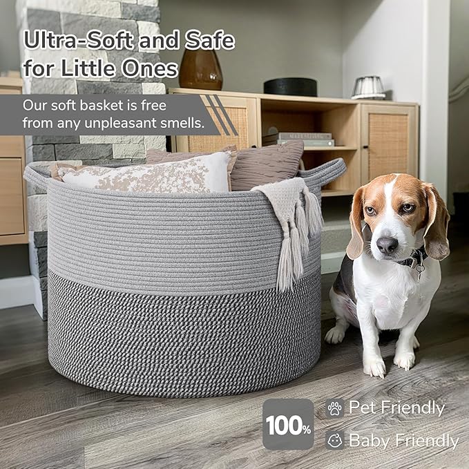 INDRESSME 115L Extra Large Blanket Basket, Cotton Rope Basket for Nursery Living Room, Decorative Woven Storage Baskets with Handles for Dirty Clothes, Toy Bin For Dog Toys, Grey