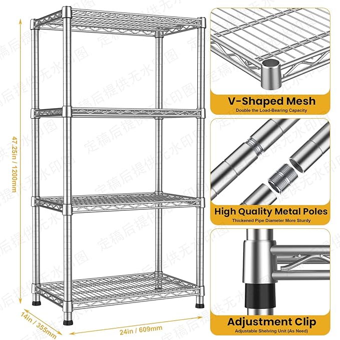 4- Shelf Storage Shelves Wire Shelving Unit Adjustable Metal Shelving Sturdy Steel Commercial Shelf organize Rack Units Heavy Duty 2200 LBS,for Garage Laundry Bathroom Organization Kitchen Closet