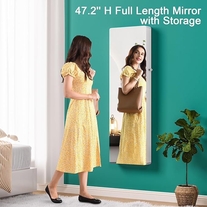 HNEBC LED Mirror Jewelry Cabinet,47.2" Wall Mounted Jewelry Organizer with Full-Length Mirror,Over The Door Hanging Jewelry Armoire Storage Cabinet,Folding Dresser,2 Drawers,Lockable, 3 Shelves(White)