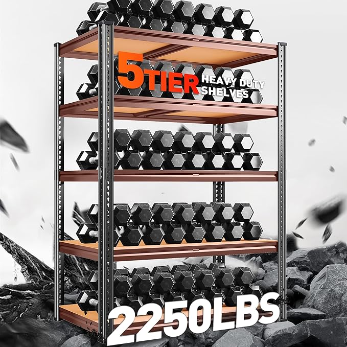 REIBII 72.1'' Storage Shelves 2250LBS Garage Shelving Heavy Duty 5 Tier Heavy Duty Shelving Adjustable Metal Shelves for Warehouse Basement Kitchen Pantry, 72.1" H x 35.5" W x18 D, 1 Pack