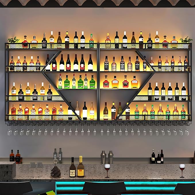 63in Metal Wine Rack Wall Mounted, Modern Wine Storage Rack Wall Mounted with Wine Glass Holder, Liquor Shelf, Bar Shelves for Liquor Bottles (4 Tiers Black, 63 * 7.87 * 48.5INCH)