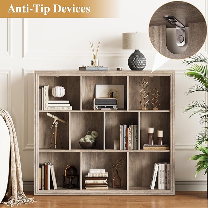 Book Shelf with 10-Cube, 43” Wide Bookshelf with Anti-Tip Device, 38” Tall Open Bookcase, Modern Display Organizer Book Case for Home Office, Entryway, Living Room, Bedroom, Study Room