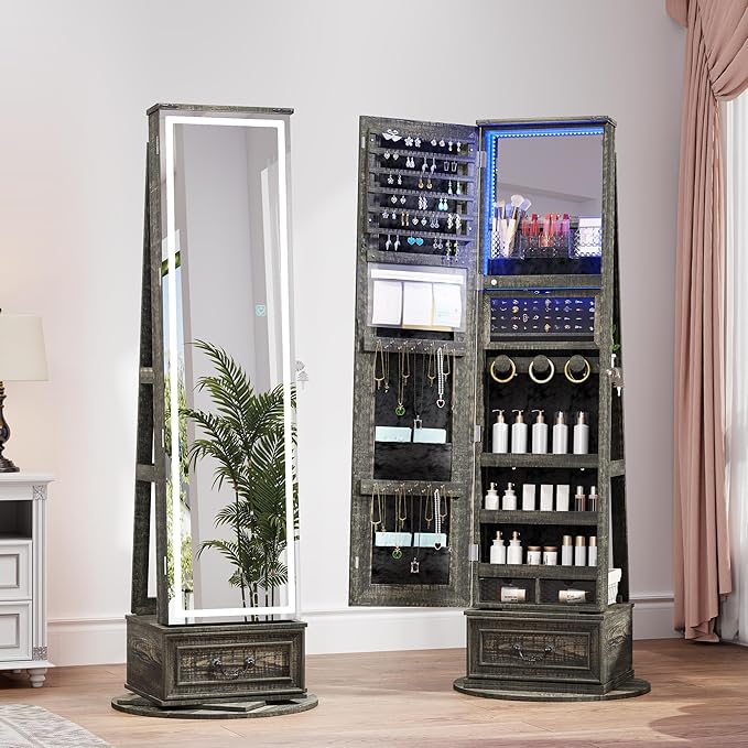LVSOMT LED Mirror Jewelry Cabinet Standing, 360°Swivel Jewelry Armoire with Full Length Mirror, Mirror with Jewelry Storage and Large Wooden Drawer for Christmas Gifts (Rustic Grey)