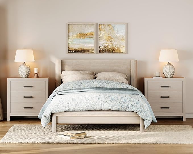 WAMPAT Farmhouse 3 Drawer Nightstand Set of 2, Large Wood Bedside Tables, 32" Wide End Tables with Storage for Living Room, Bedroom, Hallway, Beige